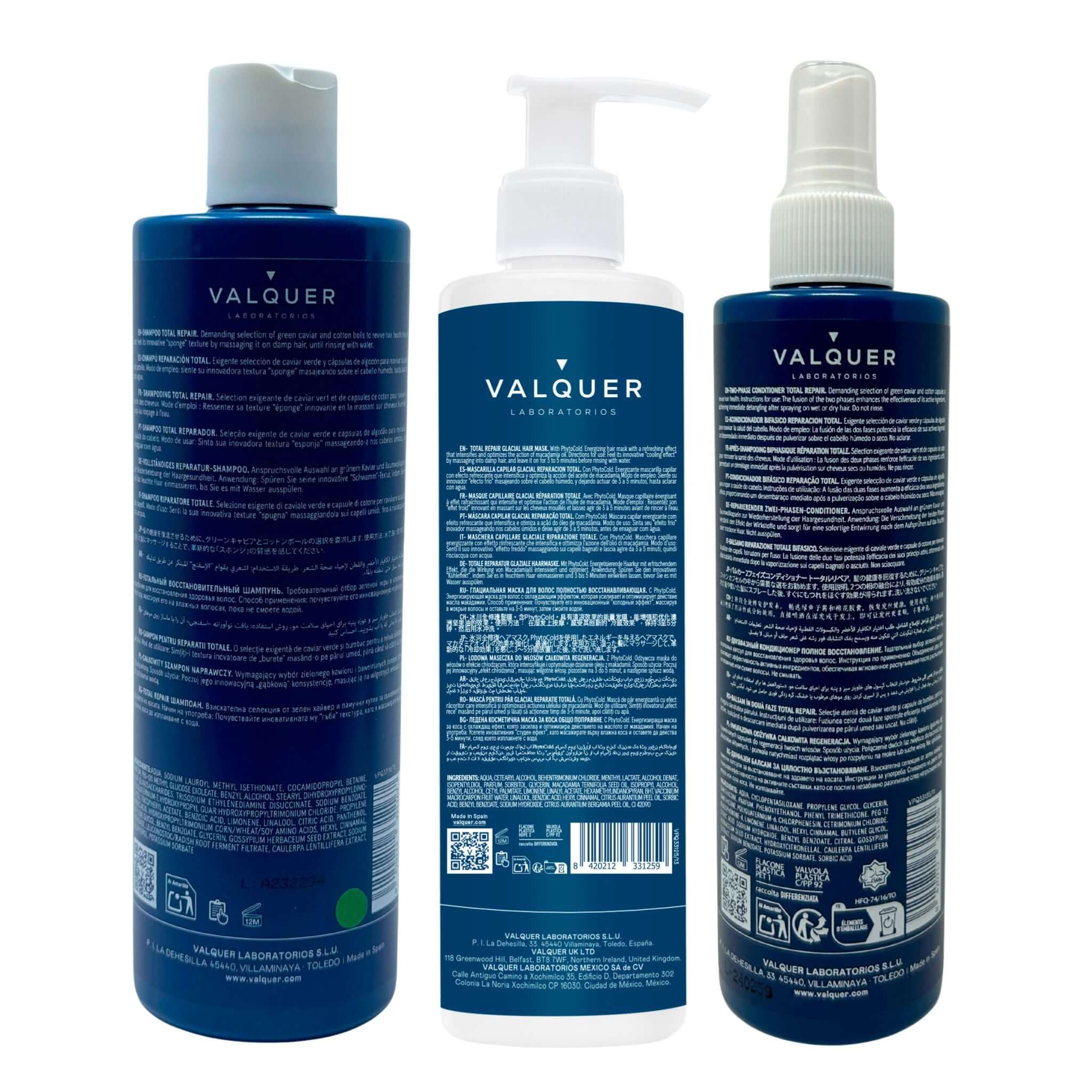 Pack Réparation Totale pour Cheveux Abîmés - Shampoing, Masque et Après-Shampooing Biphasé - 975 ml