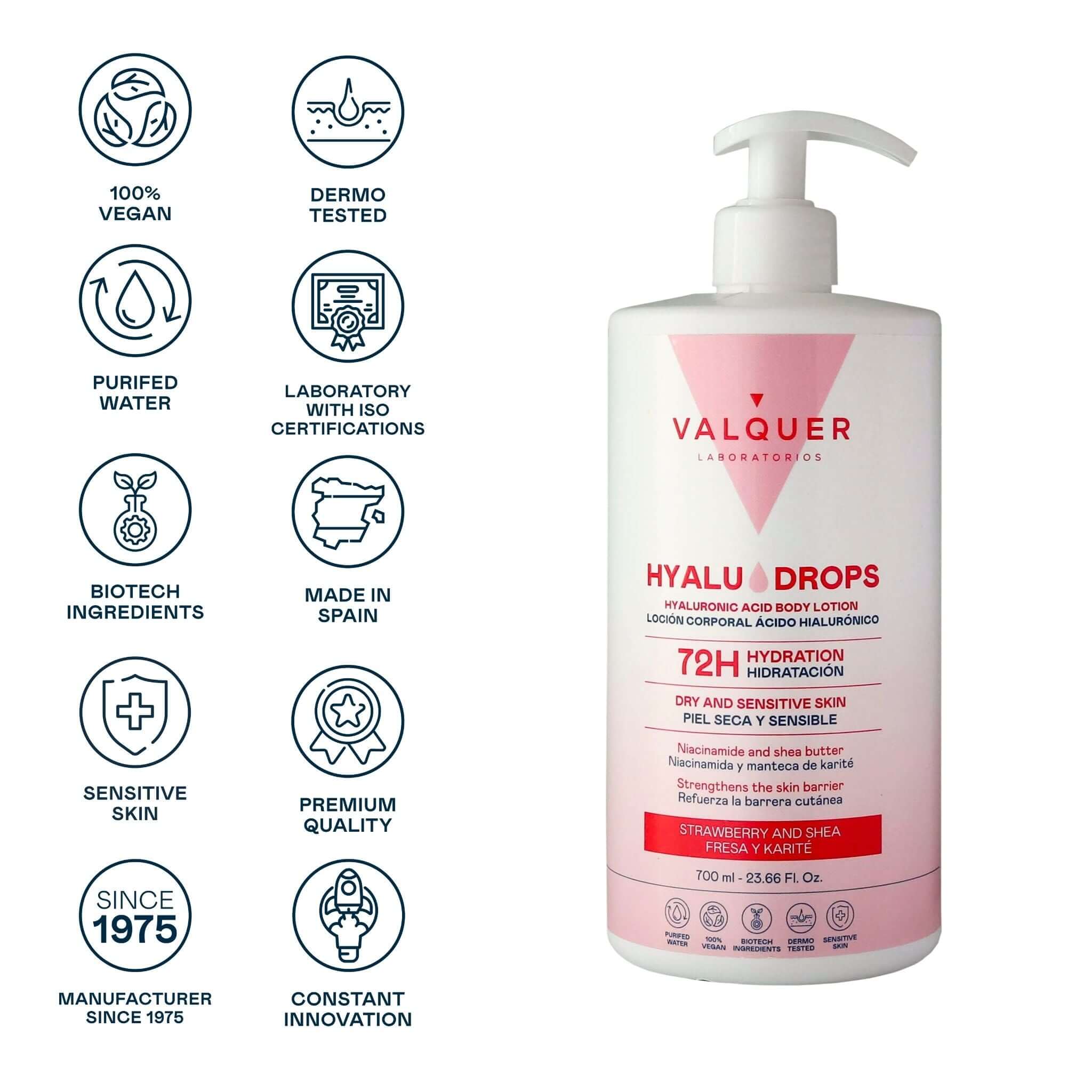 Hyaludrops Loción Corporal Fresa y Karité – Hidratación 72H - 700 ml
