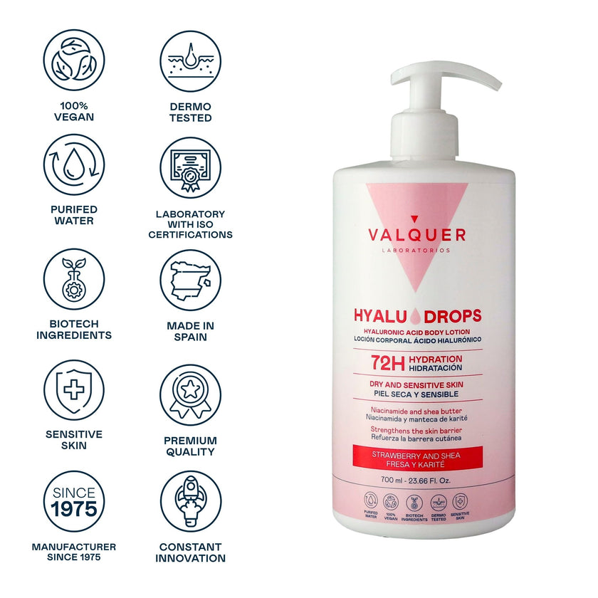 Hyaludrops Loción Corporal Fresa y Karité – Hidratación 72H - 700 ml