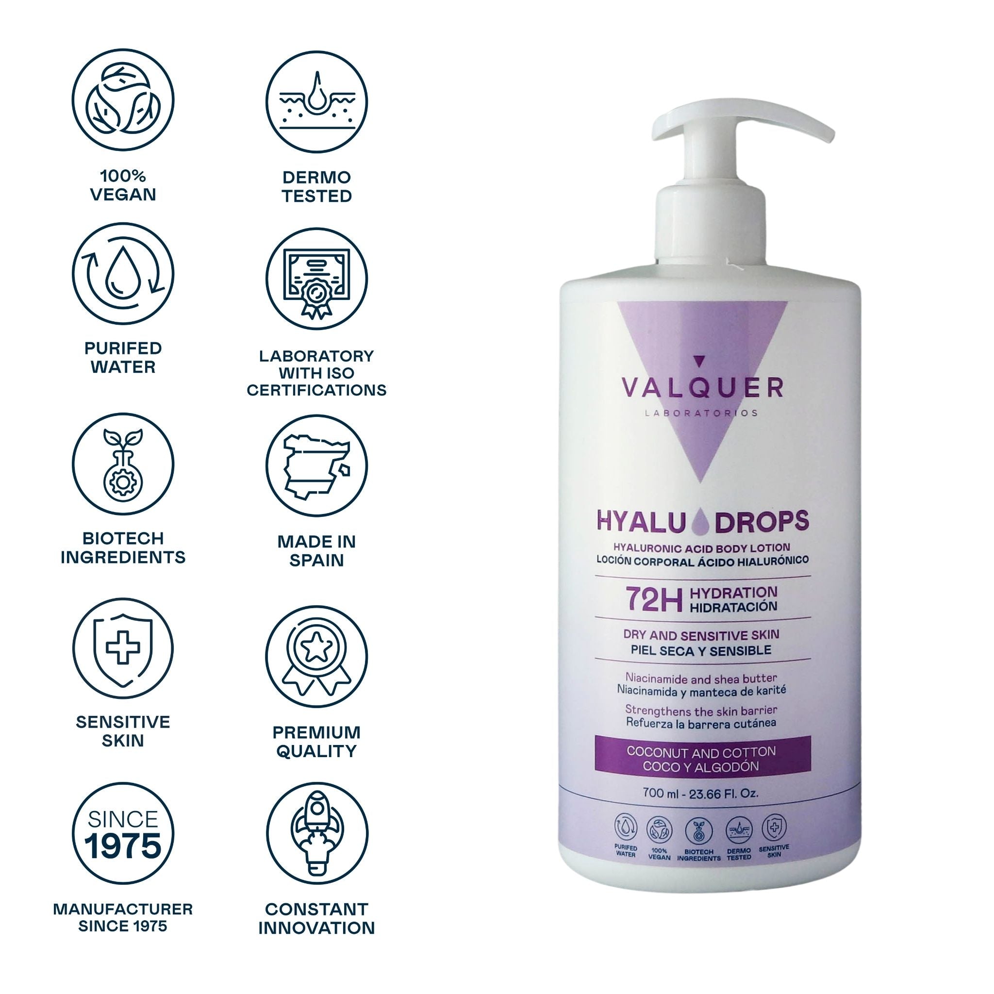 Hyaludrops Loción Corporal Coco y Algodón – Hidratación 72H - 700 ml