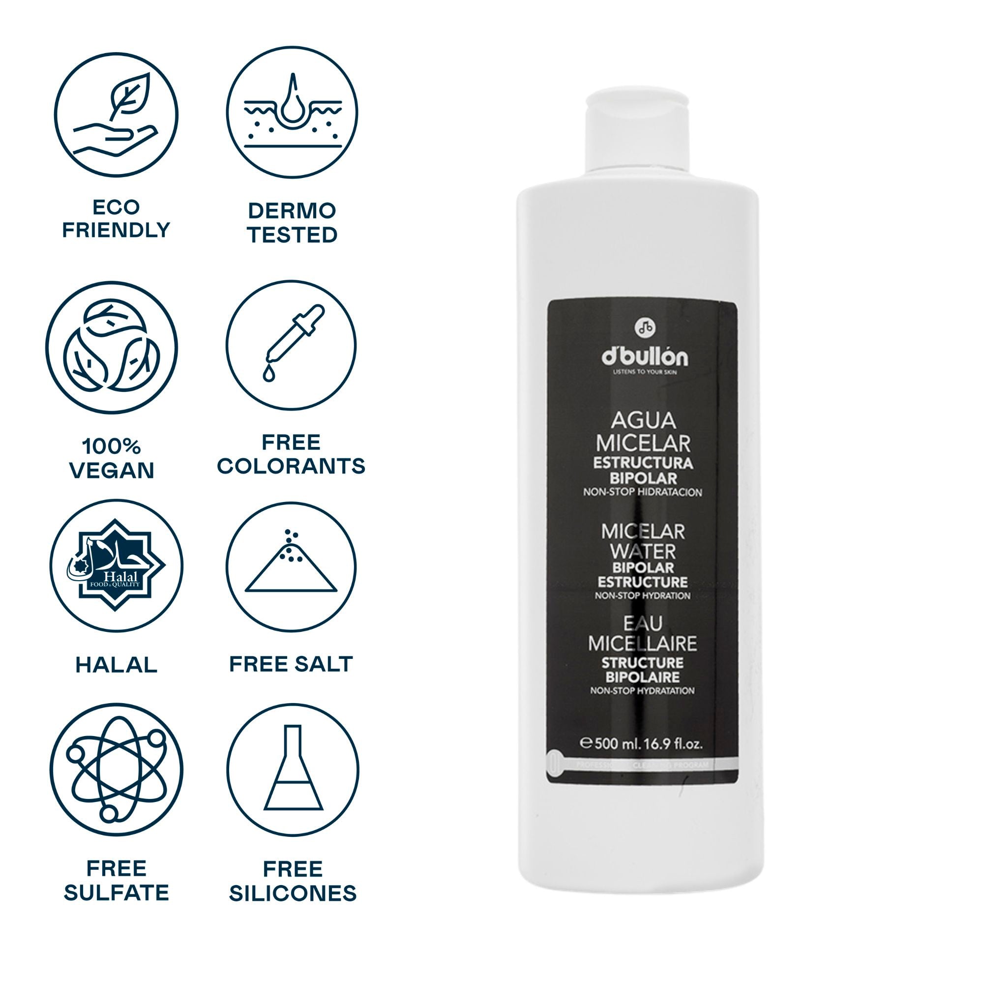 Eau micellaire bipolaire - Nettoyant, hydratation et douceur du visage - 500 ml