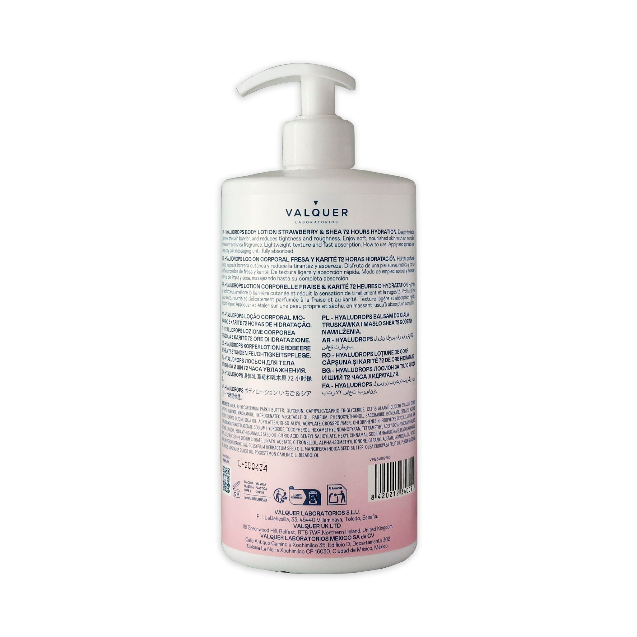 Hyaludrops Loción Corporal Fresa y Karité – Hidratación 72H - 700 ml