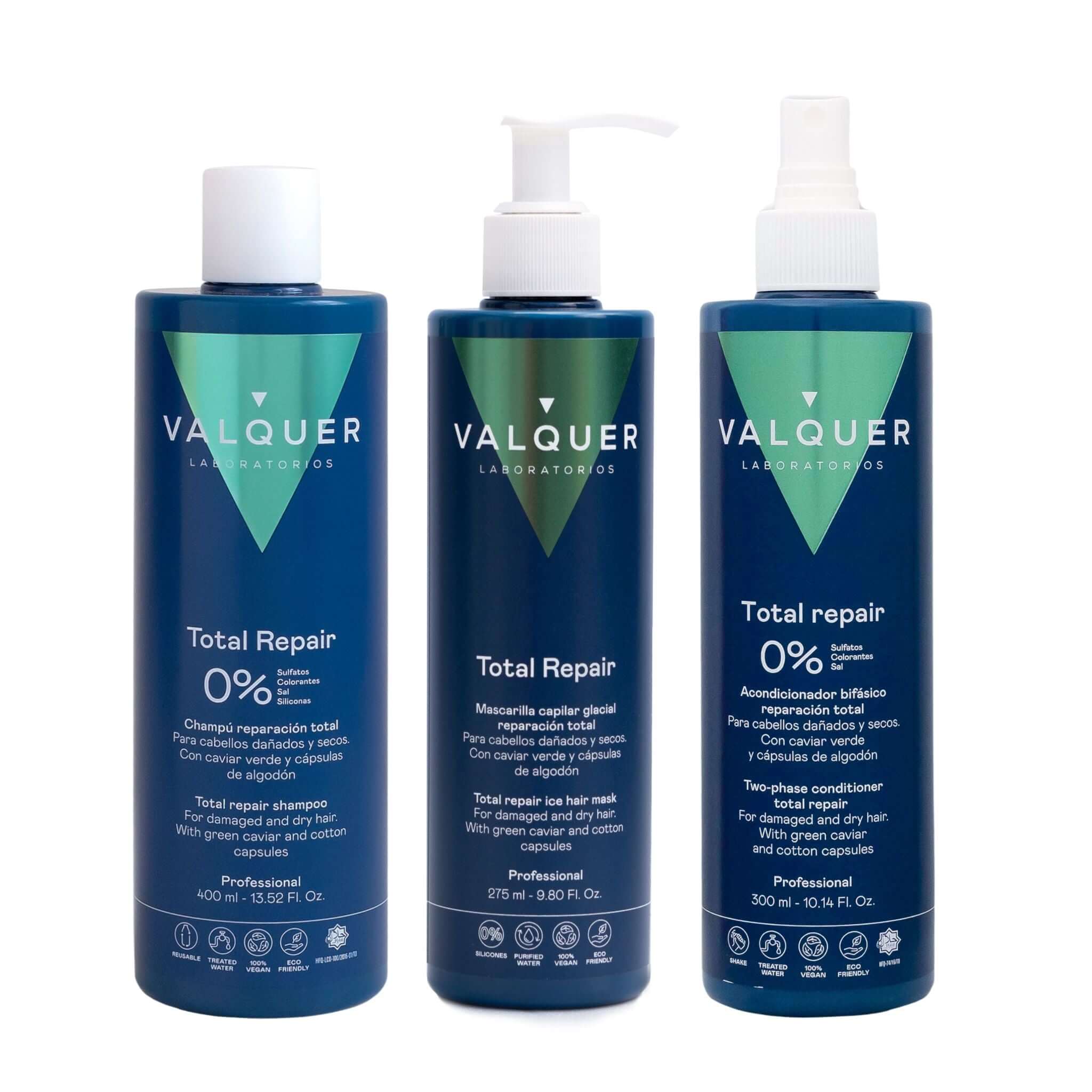 Pack Réparation Totale pour Cheveux Abîmés - Shampoing, Masque et Après-Shampooing Biphasé - 975 ml