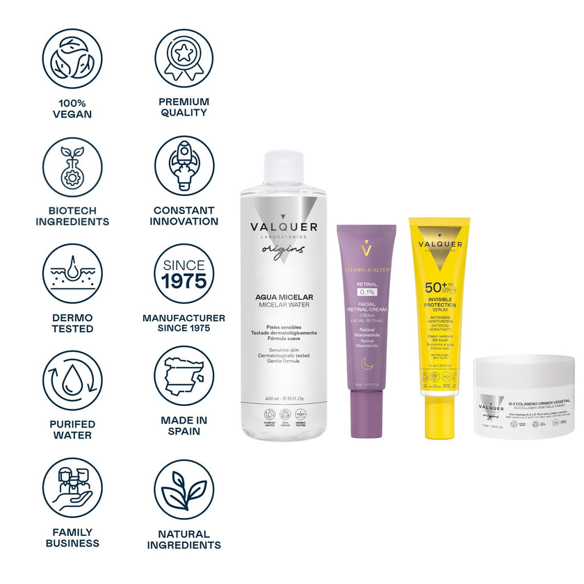 Pack Agua Micelar + Retinal + Invisible Protection + Crema Colágeno - Limpieza, Renovación e Hidratación con Protección Solar