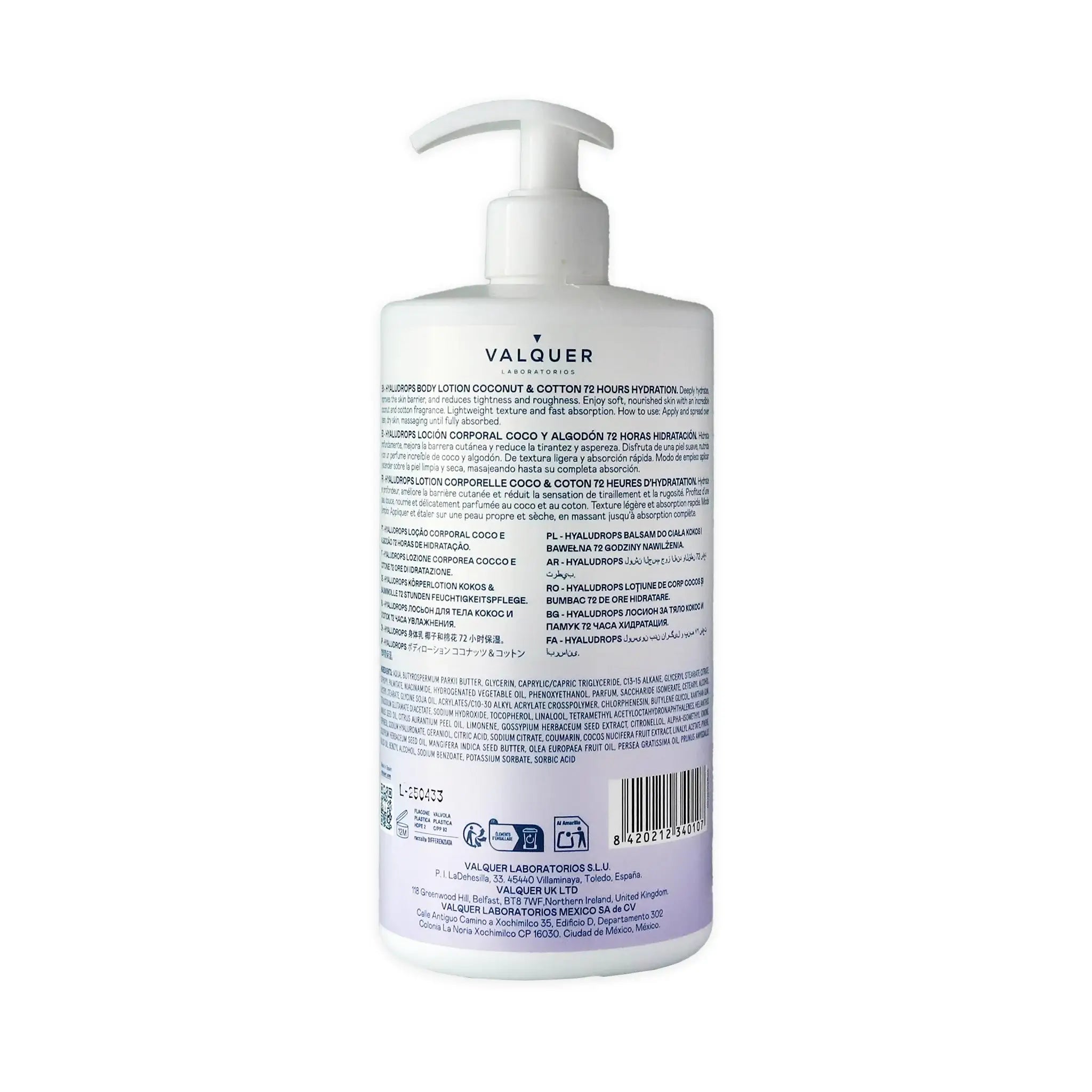 Etiqueta Hyaludrops Loción Corporal Coco y Algodón