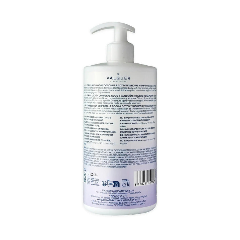 Etiqueta Hyaludrops Loción Corporal Coco y Algodón