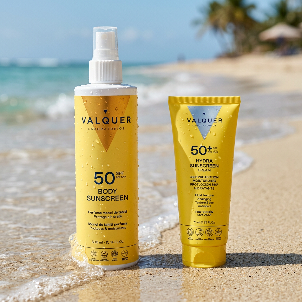 Pack Protección Solar Completa de Valquer con protector solar facial Hydra Sunscreen SPF 50+ y protector solar corporal SPF 50 