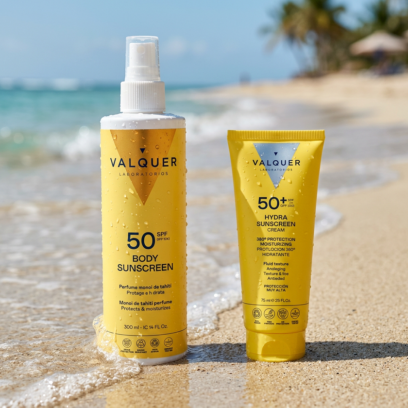 Pack Protección Solar Completa de Valquer con protector solar facial Hydra Sunscreen SPF 50+ y protector solar corporal SPF 50 