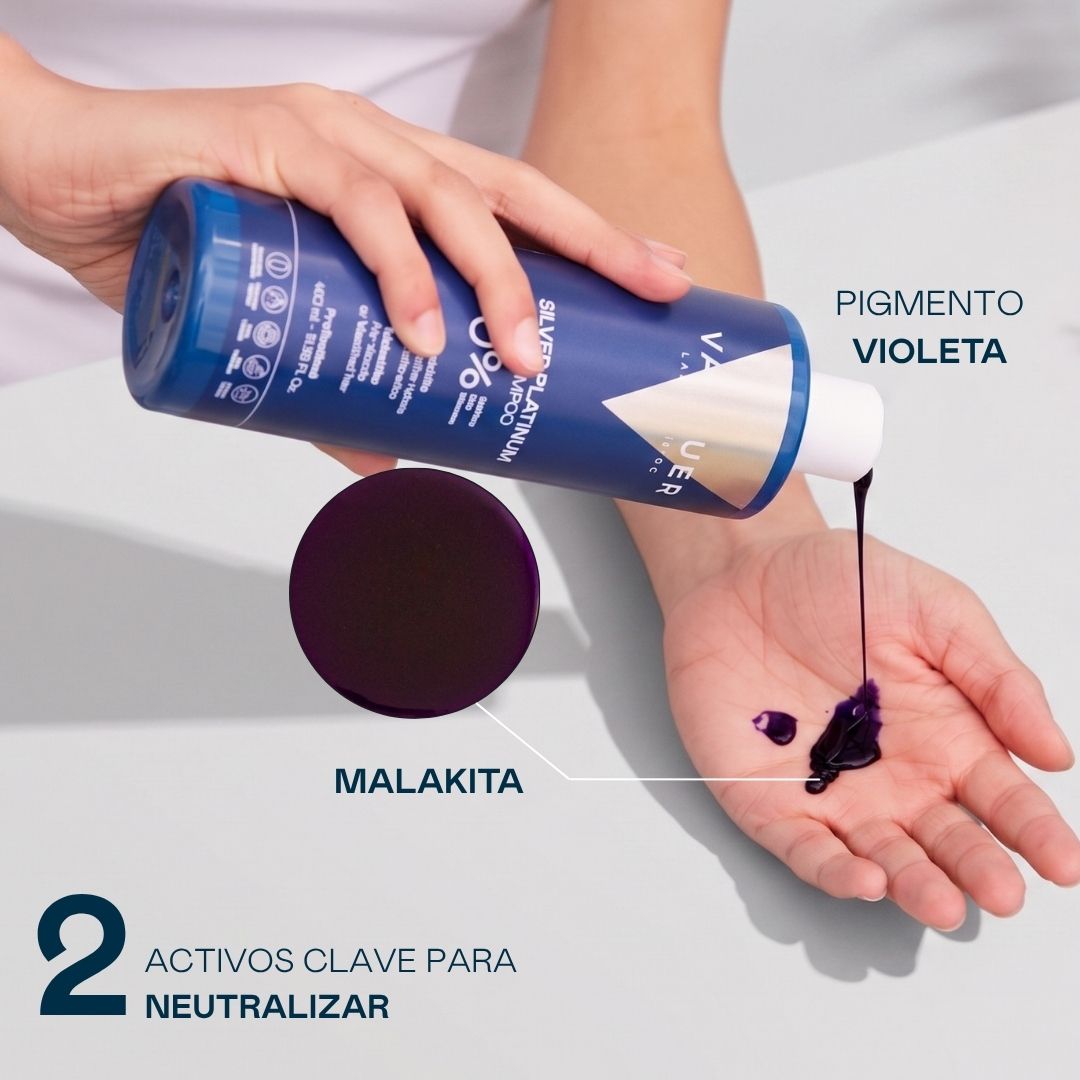 Textura del champú Silver Platinum Valquer con sus 2 activos clave para neutralizar: pigmento violeta y Malakita