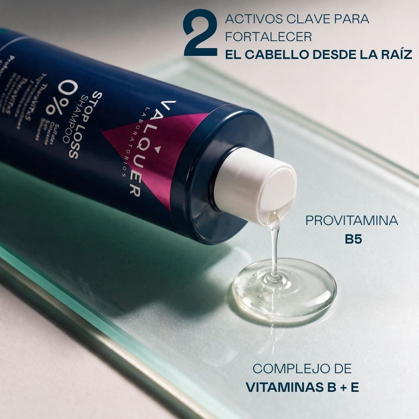 Champú anticaída Stop Loss Valquer con sus 2 activos clave para fortalecer el cabello desde la raíz: provitamina B5 y complejo de vitaminas B + E