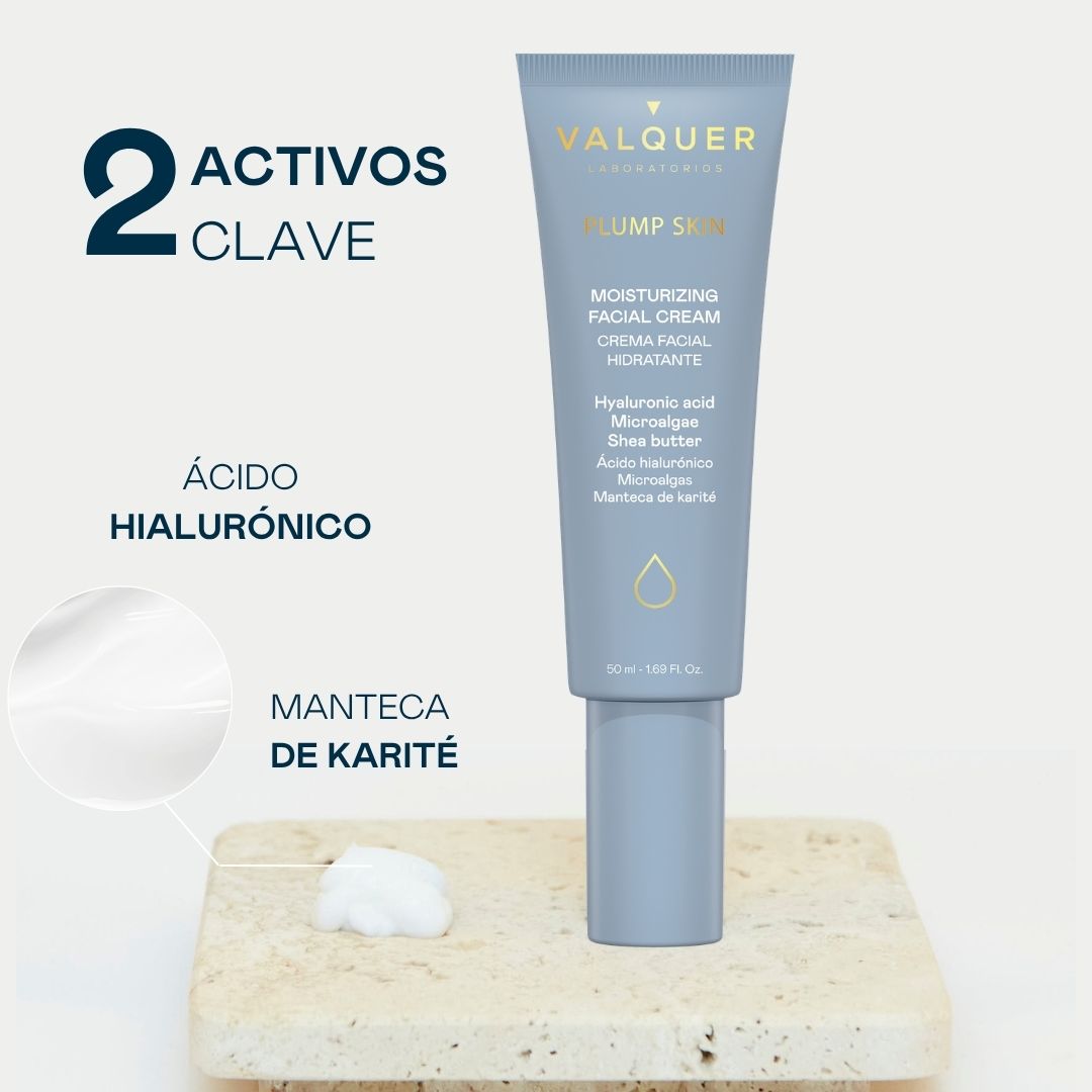Crema facial Plump Skin de Valquer con ácido hialurónico, microalgas, manteca de karité y provitamina B5.