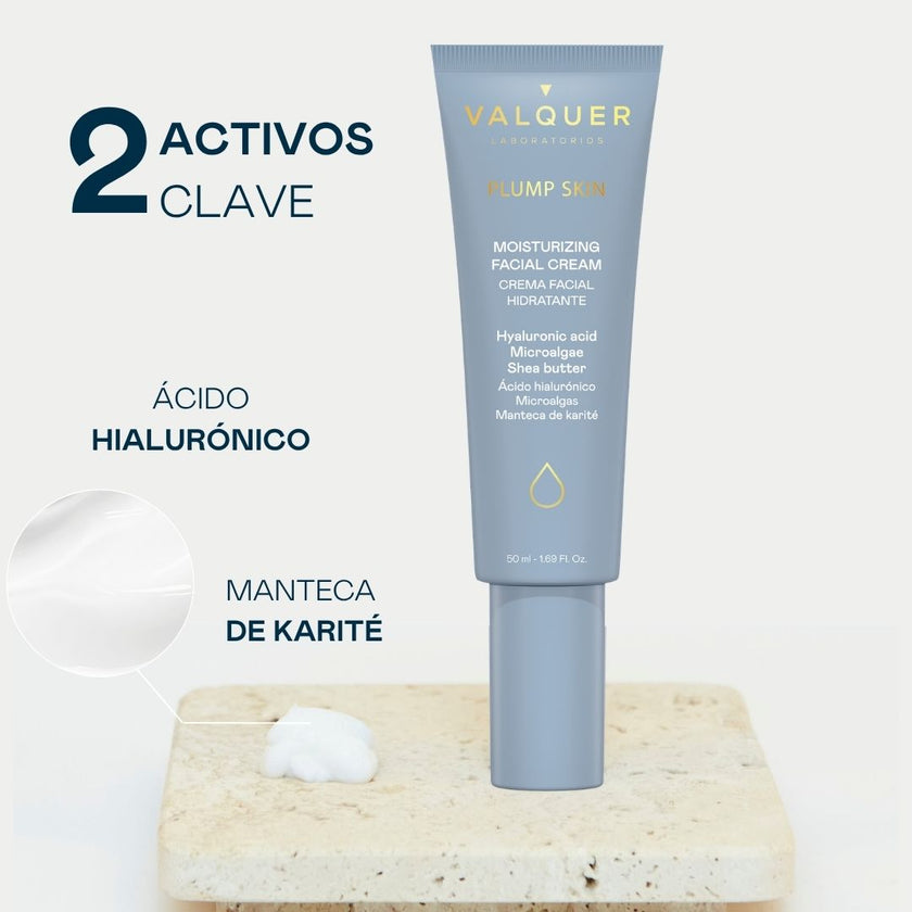 Crema facial Plump Skin de Valquer con ácido hialurónico, microalgas, manteca de karité y provitamina B5.