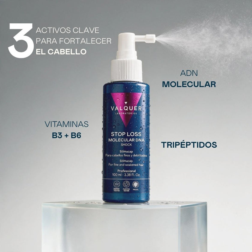 Sérum Stop Loss Molecular DNA Shock Valquer con sus 3 activos clave para fortalecer el cabello: ADN molecular, tripéptidos y vitaminas B3 + B6