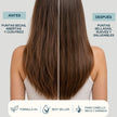 Antes y después del cuidado capilar con el bálsamo reparador VR de Valquer, mostrando puntas más selladas, suaves y con menos frizz.