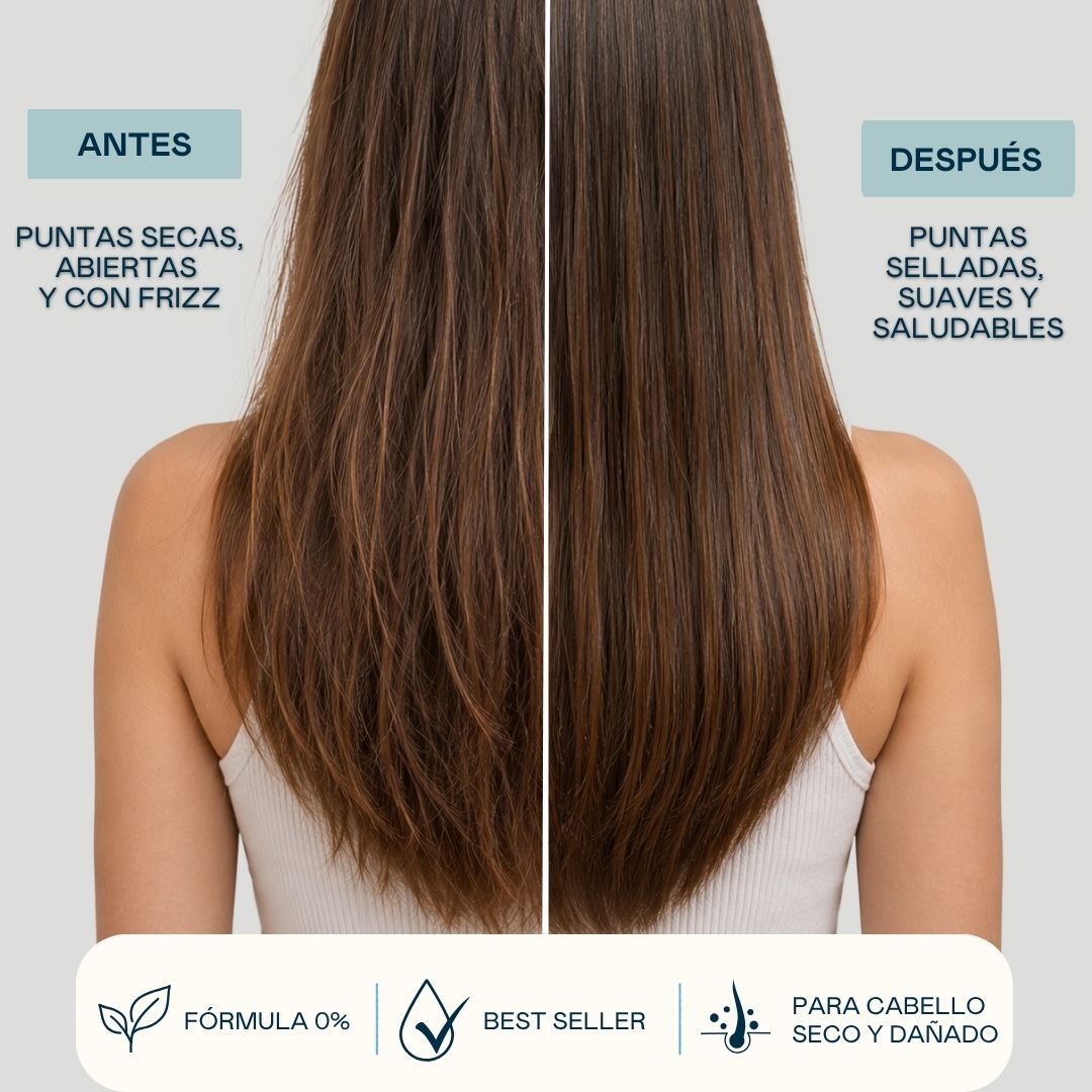 Antes y después del cuidado capilar con el bálsamo reparador VR de Valquer, mostrando puntas más selladas, suaves y con menos frizz.