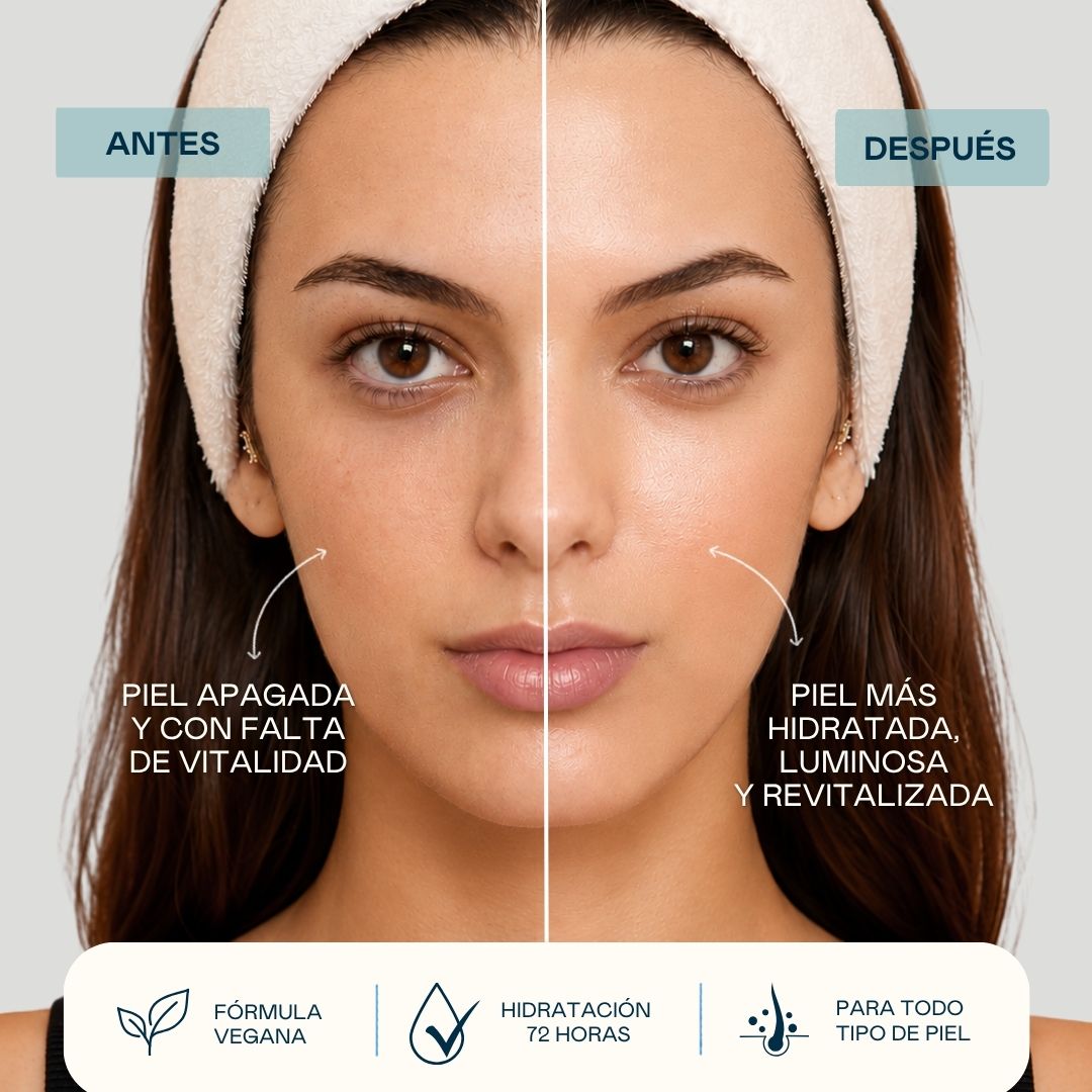 Antes y después del uso de la crema Energy Bomb de Valquer mostrando una piel más hidratada, luminosa y revitalizada.