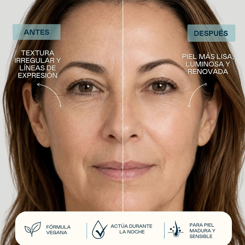 Antes y después del uso de la crema facial Retinal 0,1% de Valquer mostrando una piel más lisa, luminosa y renovada.