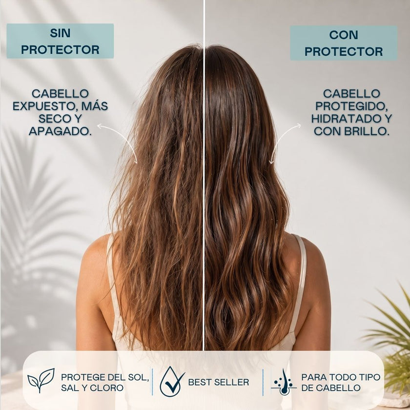Comparativa de cabello sin protector y con protector solar capilar Valquer, hidratado y con brillo
