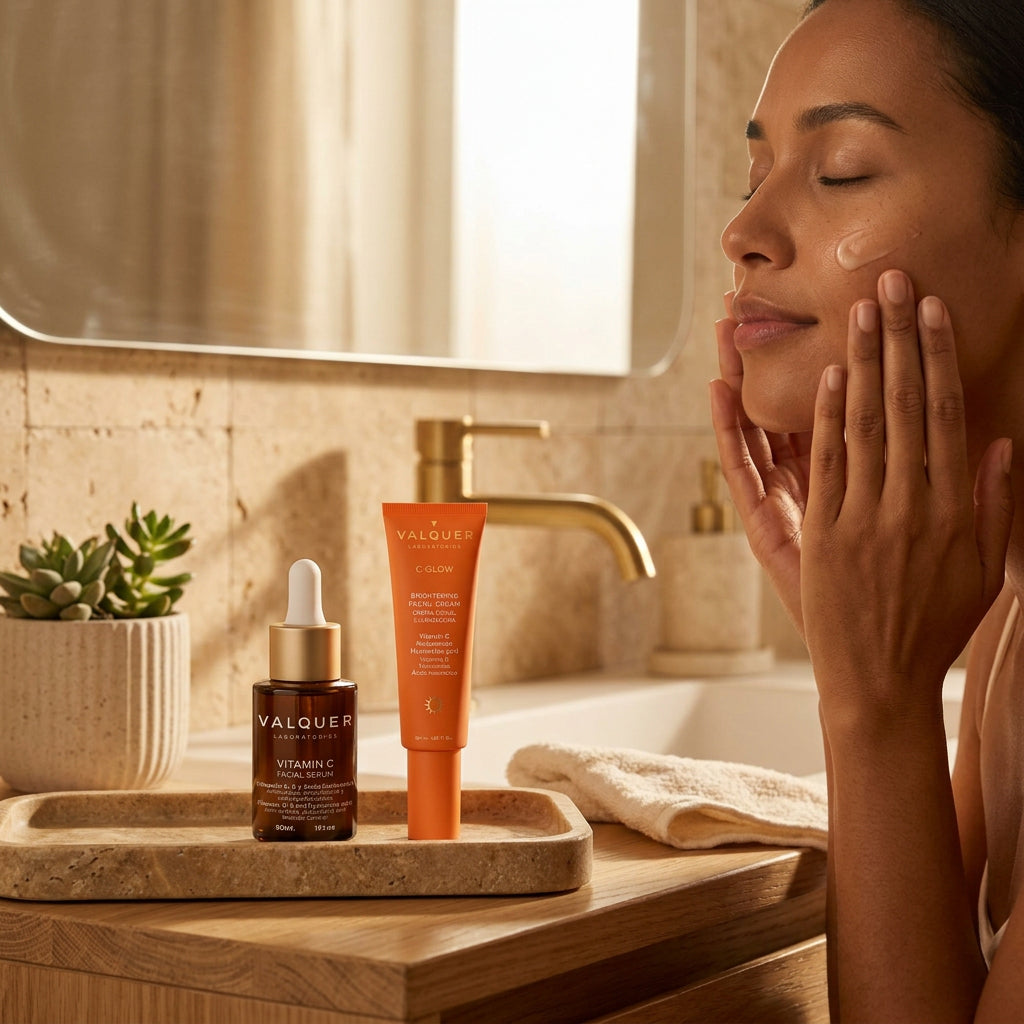 Mujer aplicándose la crema C-Glow del Dúo Glow Intensivo Valquer