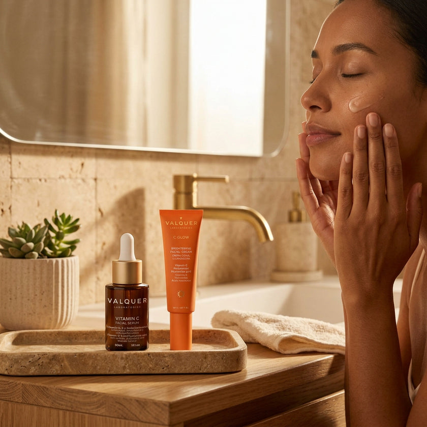 Mujer aplicándose la crema C-Glow del Dúo Glow Intensivo Valquer