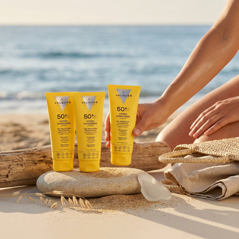 Mujer utilizando Hydra Sunscreen SPF 50+ de Valquer en la playa para proteger e hidratar la piel del rostro.