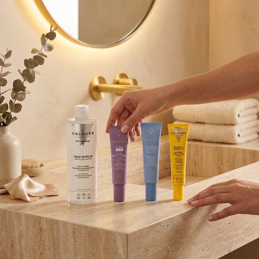 Aplicación de crema facial Retinal 0,1% dentro de una rutina para piel sensible con Plump Skin y protección solar SPF 50+.
