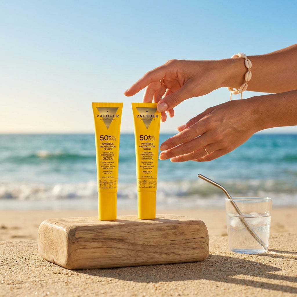 Aplicación del Sérum Solar Facial Invisible SPF 50+ de Valquer en la playa, resistente al agua y con efecto seda.