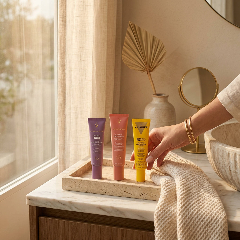 Aplicación del Sérum Solar Facial Invisible SPF 50+ junto a la crema Soothing y el tratamiento Retinal de Valquer.