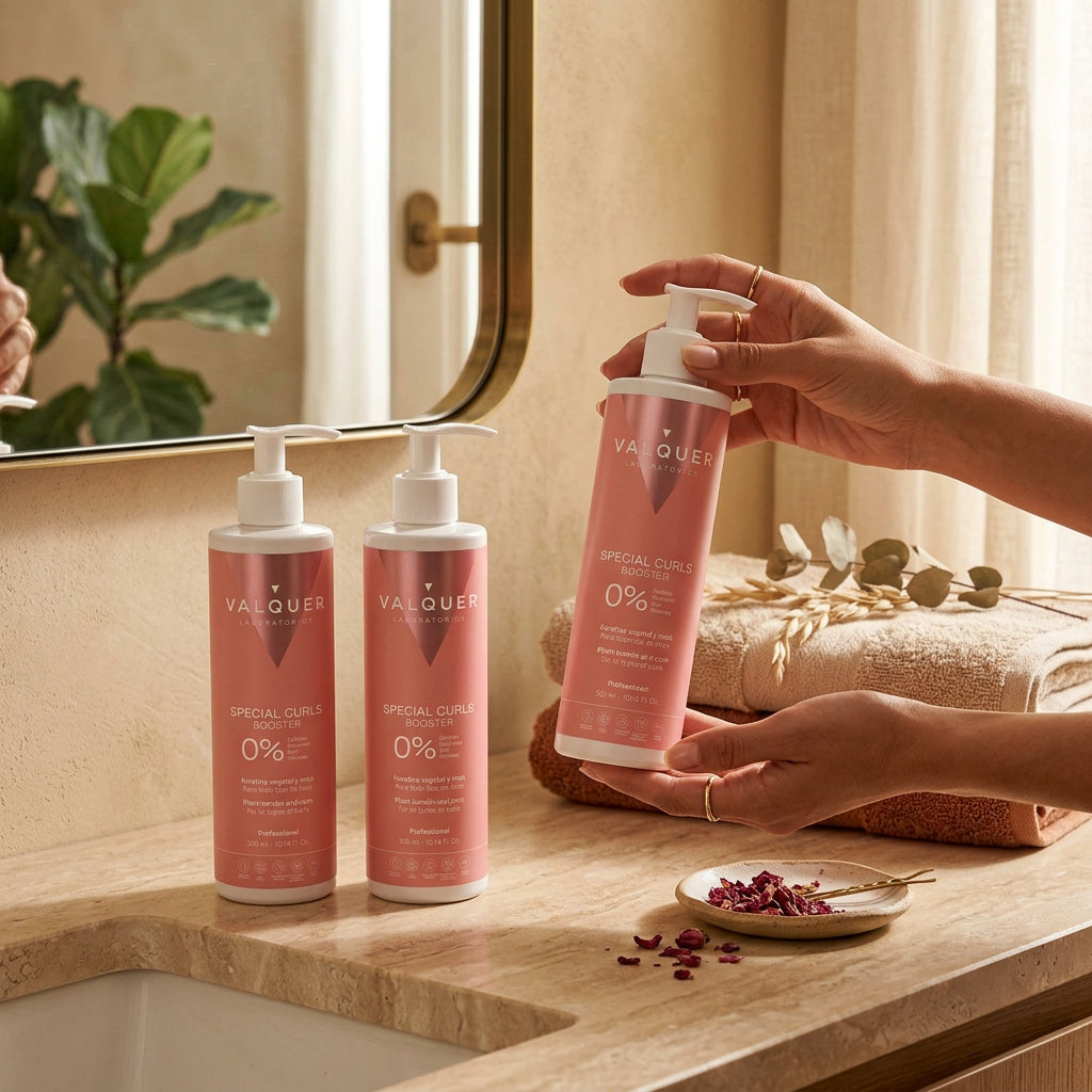 Aplicación del gel Special Curls Booster de Valquer para definir los rizos y potenciar su forma sin apelmazar.