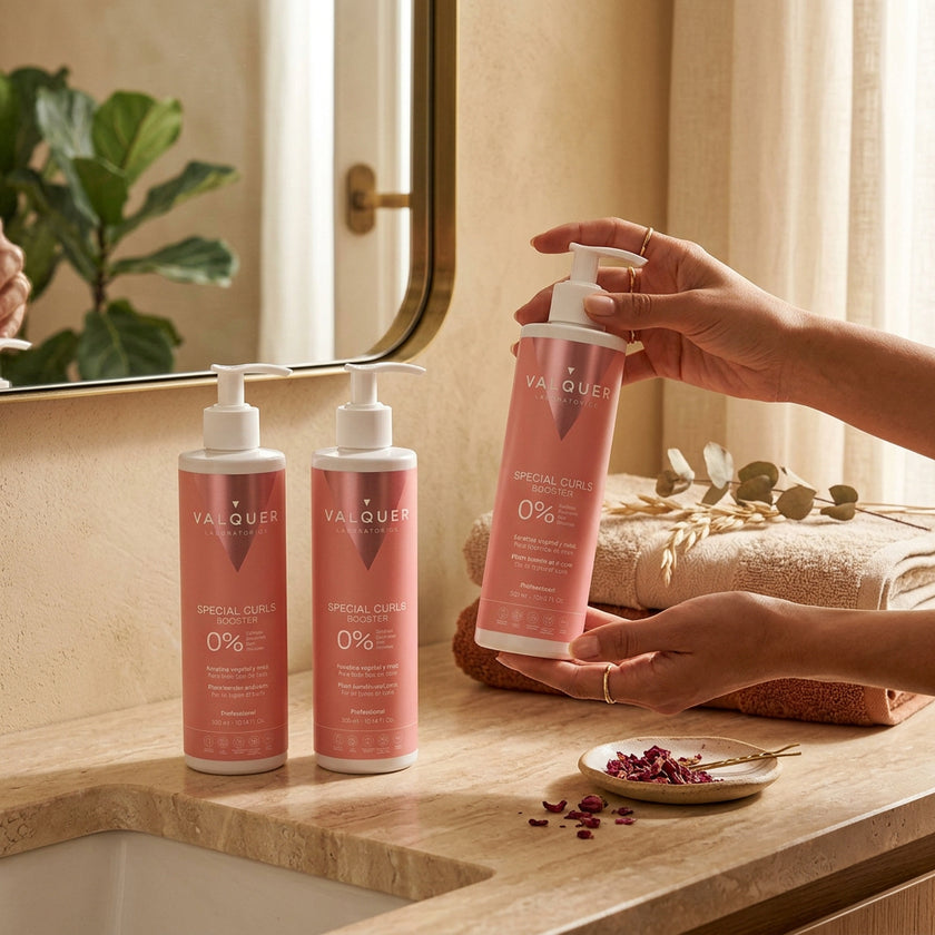 Aplicación del gel Special Curls Booster de Valquer para definir los rizos y potenciar su forma sin apelmazar.