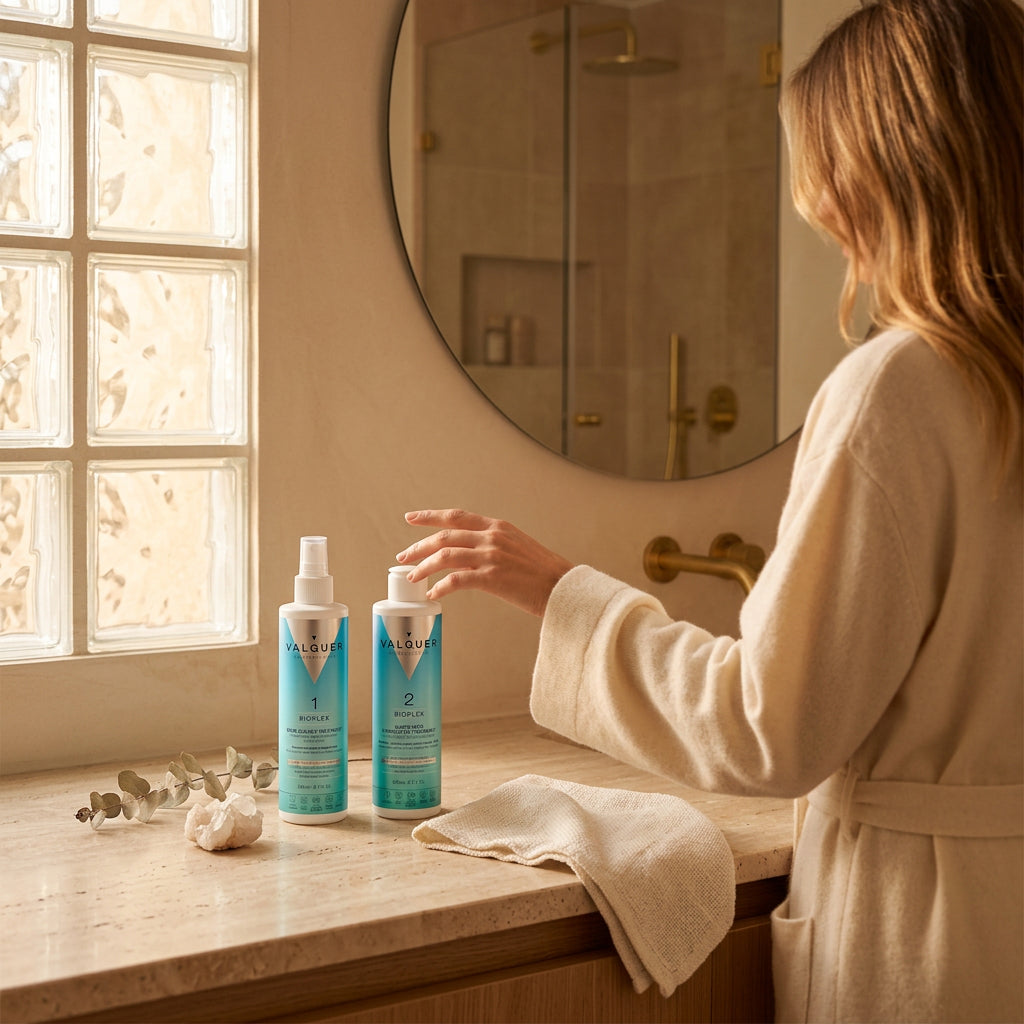 Mujer utilizando el tratamiento reparador Bioplex Nº1 y Nº2 de Valquer en el baño.