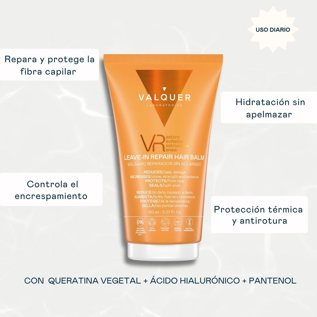 Beneficios del bálsamo reparador sin aclarado VR de Valquer con keratina vegetal, ácido hialurónico y pantenol para reparar, hidratar y proteger el cabello