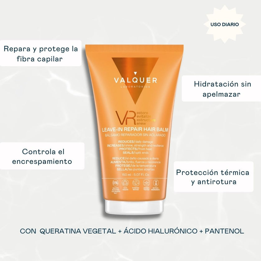 Beneficios del bálsamo reparador sin aclarado VR de Valquer con keratina vegetal, ácido hialurónico y pantenol para reparar, hidratar y proteger el cabello