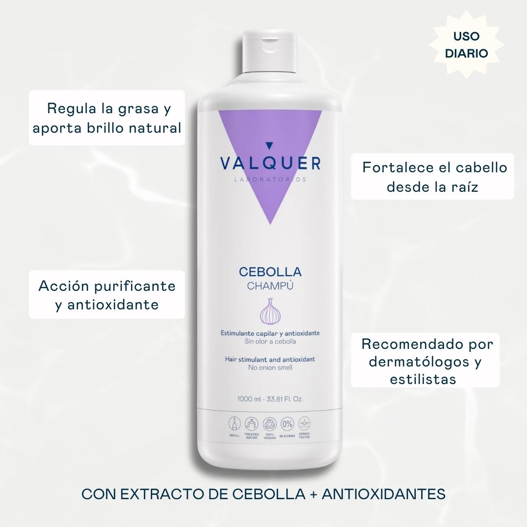 Champú de cebolla Valquer 1000 ml con extracto de cebolla y antioxidantes: regula la grasa, fortalece desde la raíz y aporta brillo, recomendado por dermatólogos