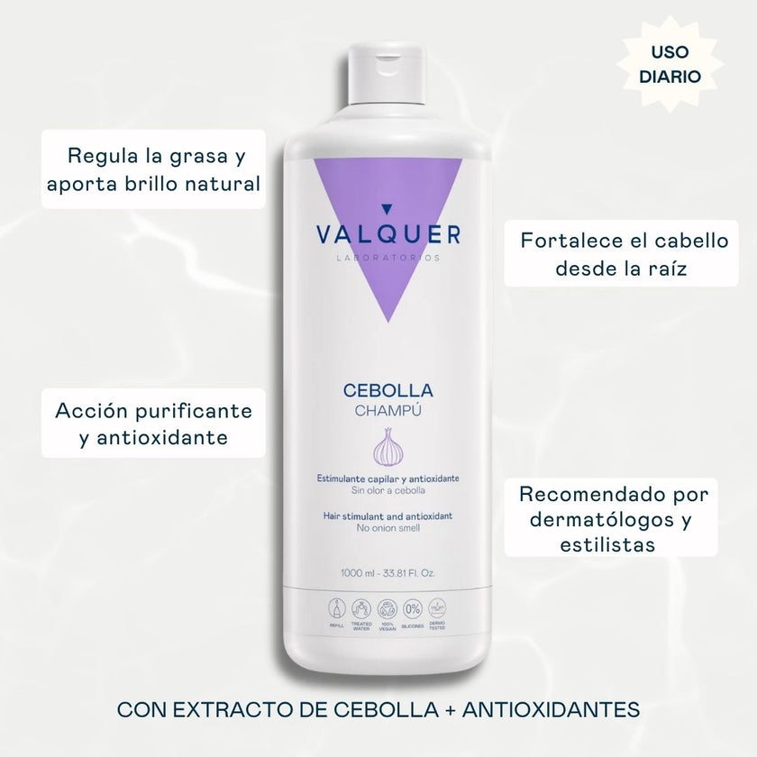 Champú de cebolla Valquer 1000 ml con extracto de cebolla y antioxidantes: regula la grasa, fortalece desde la raíz y aporta brillo, recomendado por dermatólogos