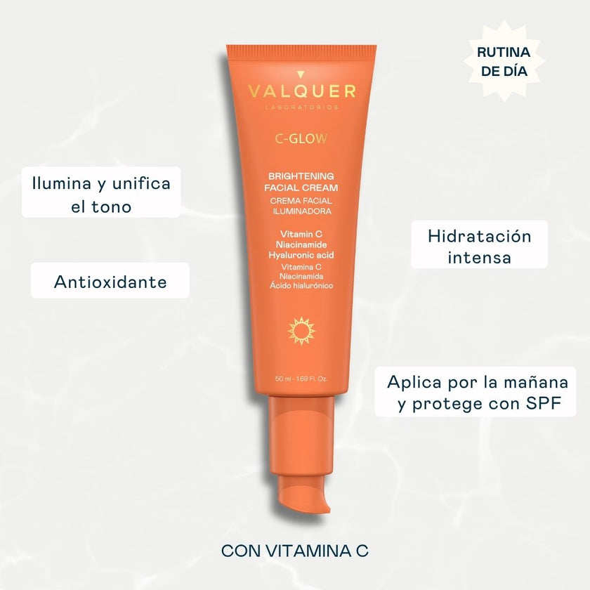 Beneficios de la crema facial C-Glow de Valquer con vitamina C para iluminar, unificar el tono e hidratar la piel.