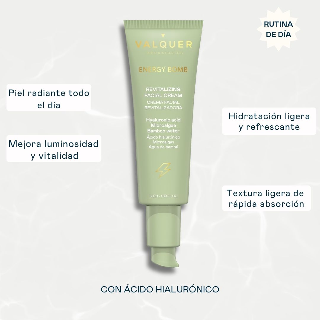 Beneficios de la crema facial Energy Bomb de Valquer con ácido hialurónico para aportar hidratación ligera, luminosidad y vitalidad.
