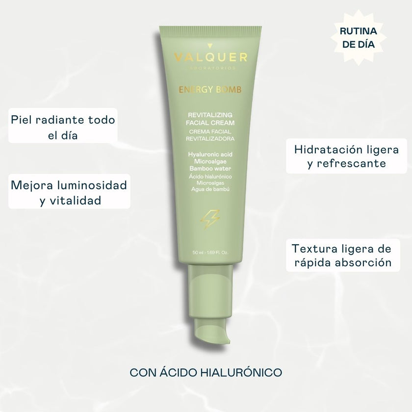 Beneficios de la crema facial Energy Bomb de Valquer con ácido hialurónico para aportar hidratación ligera, luminosidad y vitalidad.