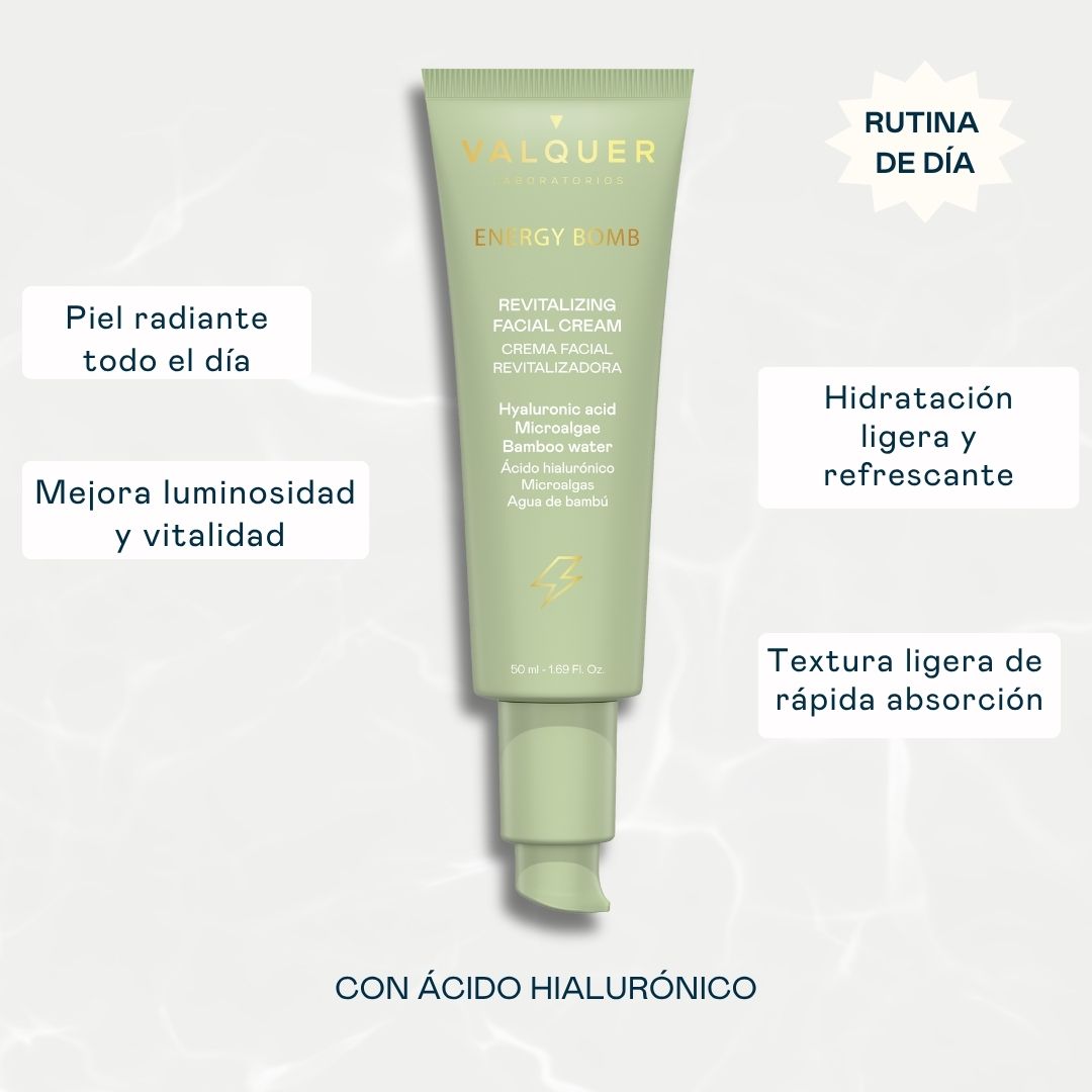 Beneficios de la crema facial Energy Bomb de Valquer para aportar hidratación, luminosidad y vitalidad a la piel.