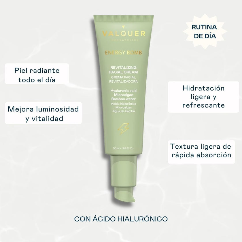 Beneficios de la crema facial Energy Bomb de Valquer para aportar hidratación, luminosidad y vitalidad a la piel.