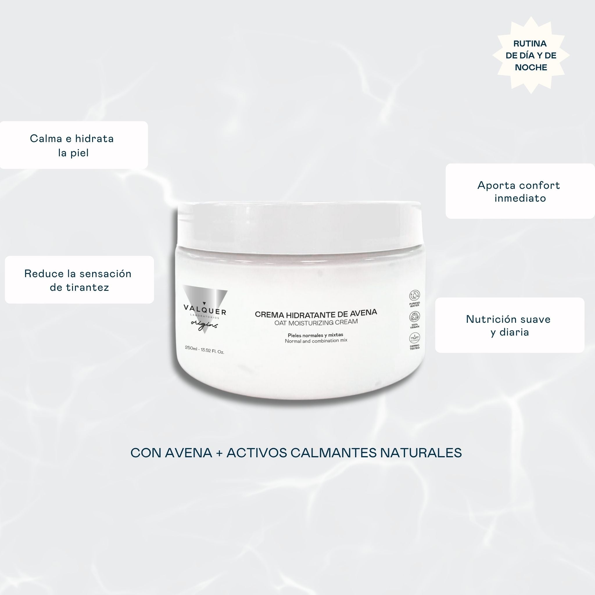 Beneficios de la crema facial hidratante de avena: hidrata, ayuda a mantener el equilibrio de la piel y aporta luminosidad, flexibilidad y confort.