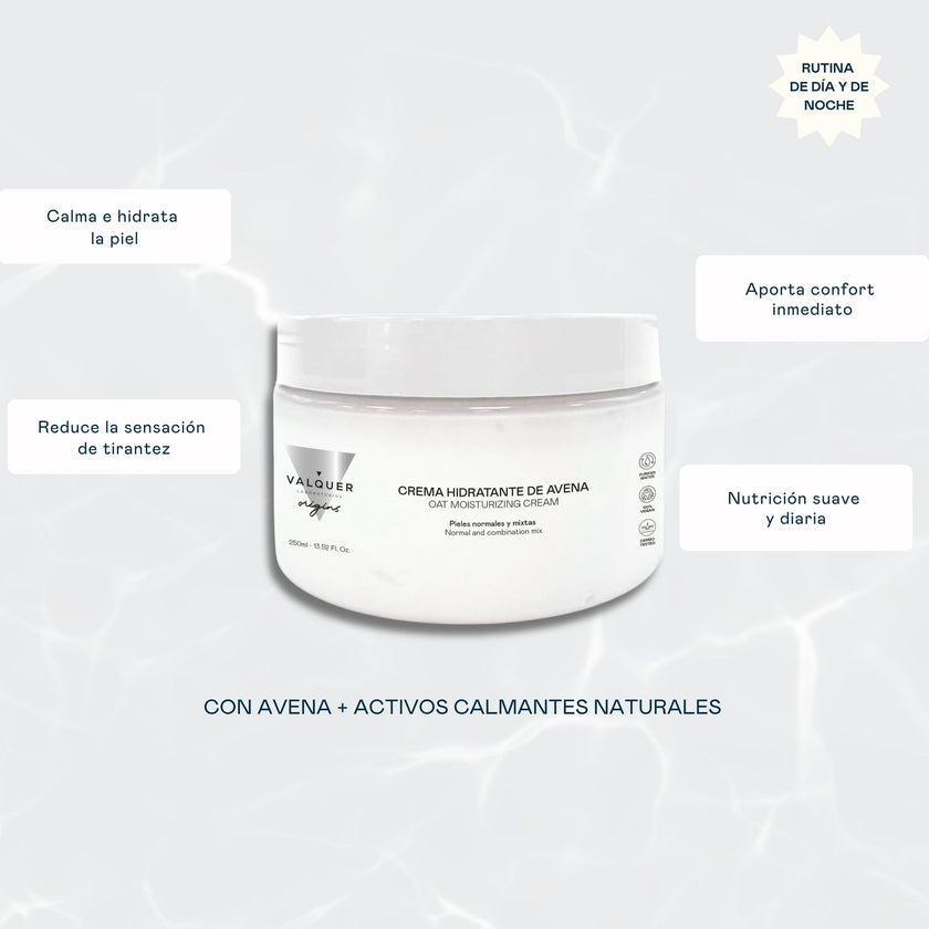 Beneficios de la crema facial hidratante de avena: hidrata, ayuda a mantener el equilibrio de la piel y aporta luminosidad, flexibilidad y confort.