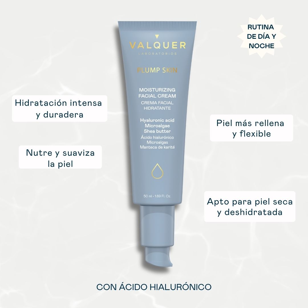 Beneficios de la crema facial Plump Skin de Valquer con ácido hialurónico para hidratar, nutrir y mejorar la flexibilidad de la piel.