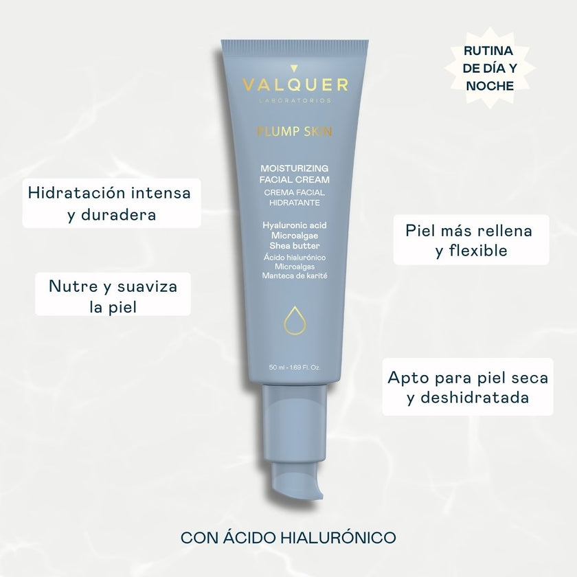 Beneficios de la crema facial Plump Skin de Valquer con ácido hialurónico para hidratar, nutrir y mejorar la flexibilidad de la piel.