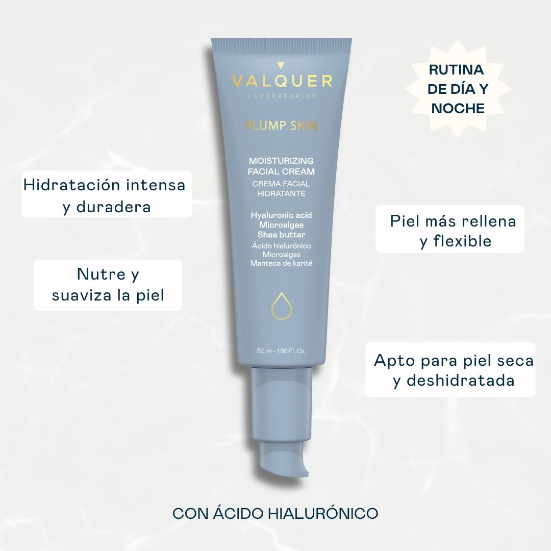 Beneficios de la crema facial Plump Skin de Valquer para hidratar, nutrir y mejorar la suavidad y flexibilidad de la piel.