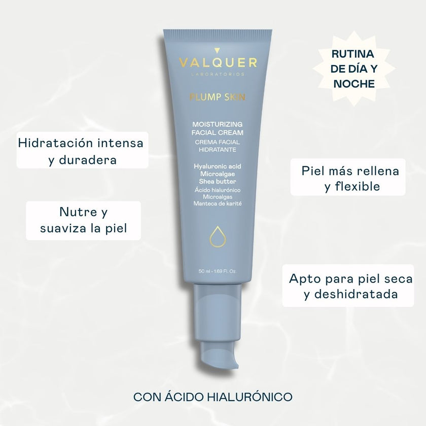 Beneficios de la crema facial Plump Skin de Valquer para hidratar, nutrir y mejorar la suavidad y flexibilidad de la piel.