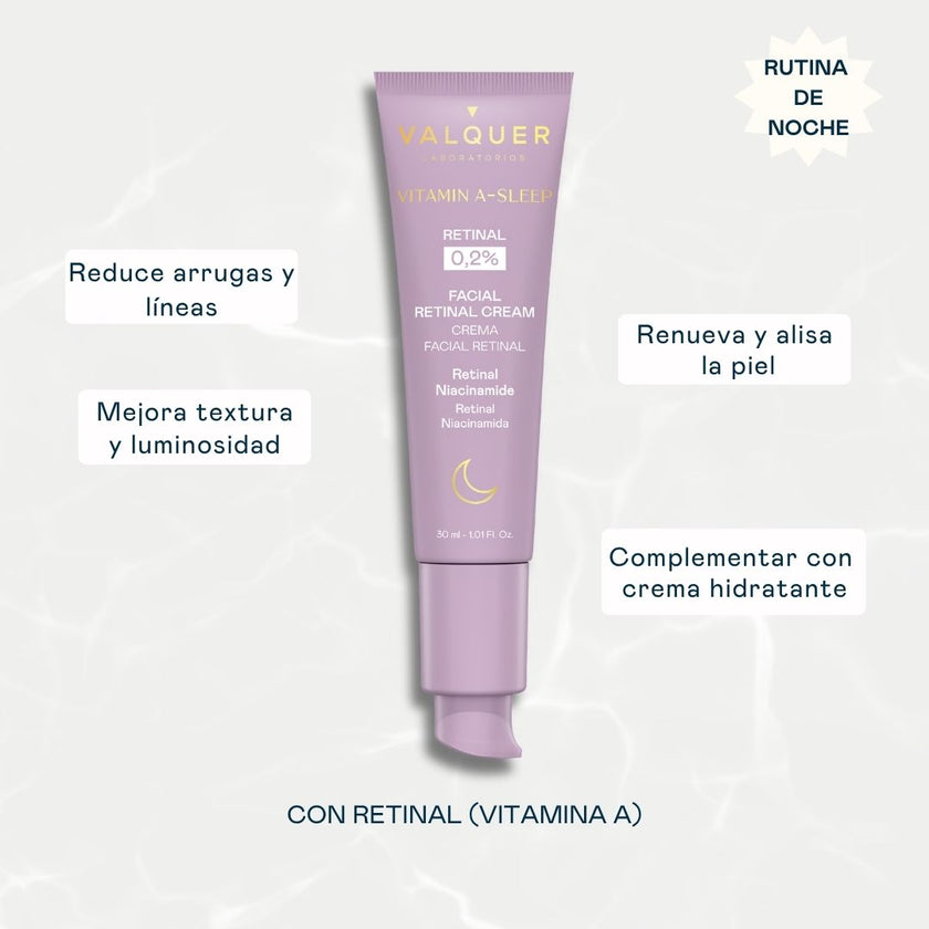Beneficios de la crema facial Retinal 0,2% de Valquer para reducir arrugas, mejorar la textura y renovar la piel durante la noche.