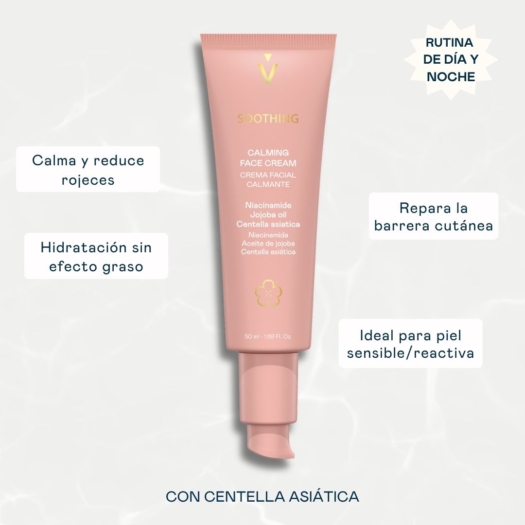 Beneficios de la crema facial Soothing de Valquer con centella asiática para calmar rojeces, hidratar y cuidar la barrera cutánea.