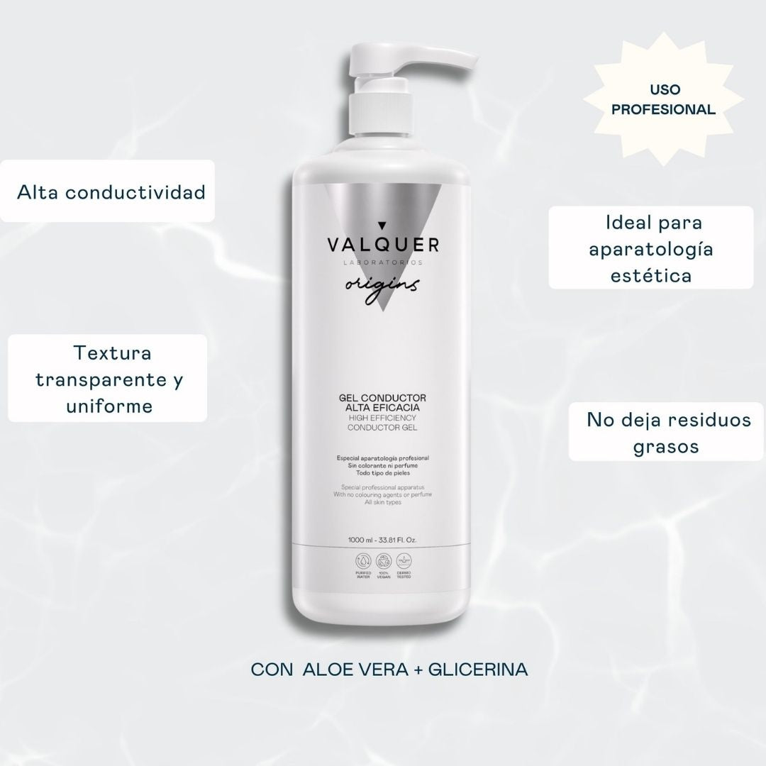 Gel conductor Valquer Origins 1000 ml con aloe vera y glicerina: alta conductividad, textura transparente y uniforme, ideal para aparatología estética profesional, sin residuos grasos