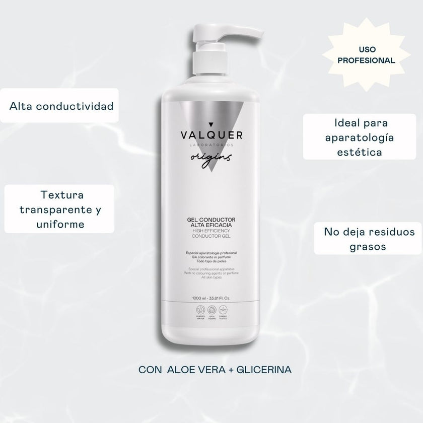 Gel conductor Valquer Origins 1000 ml con aloe vera y glicerina: alta conductividad, textura transparente y uniforme, ideal para aparatología estética profesional, sin residuos grasos